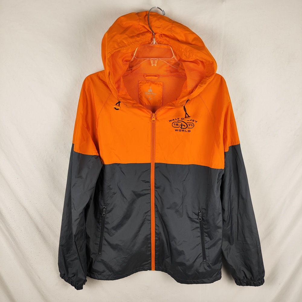 Disney Parks Jacket Mens Small Orange Gray Hooded Windbreaker Full Zip Logo